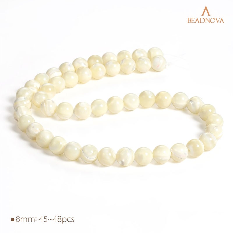 BEADNOVA Natural White Mother of Pearl Shell Beads Natural Crystal Beads Stone Gemstone Round Loose Energy Healing with Crystal Stretch Cord for Jewelry Making (8mm, 45-48pcs) - Image 4